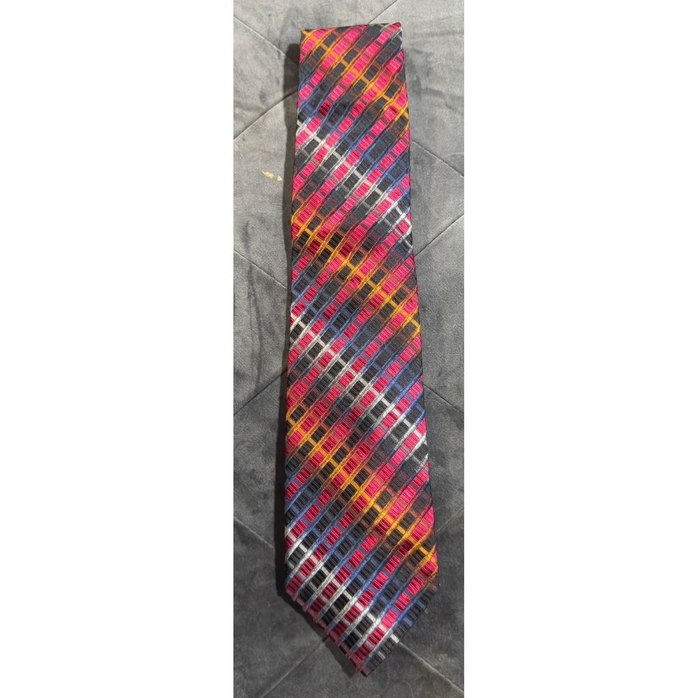 Sarar Mens Silk Necktie Multicolor Geometric Plaid Textured Red Blue Orange Tie